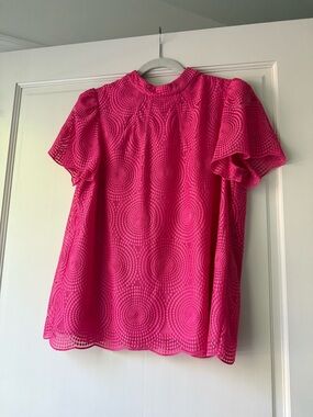Trina Turk Bright Pink Lace Overlay Flutter Sleeve Top
